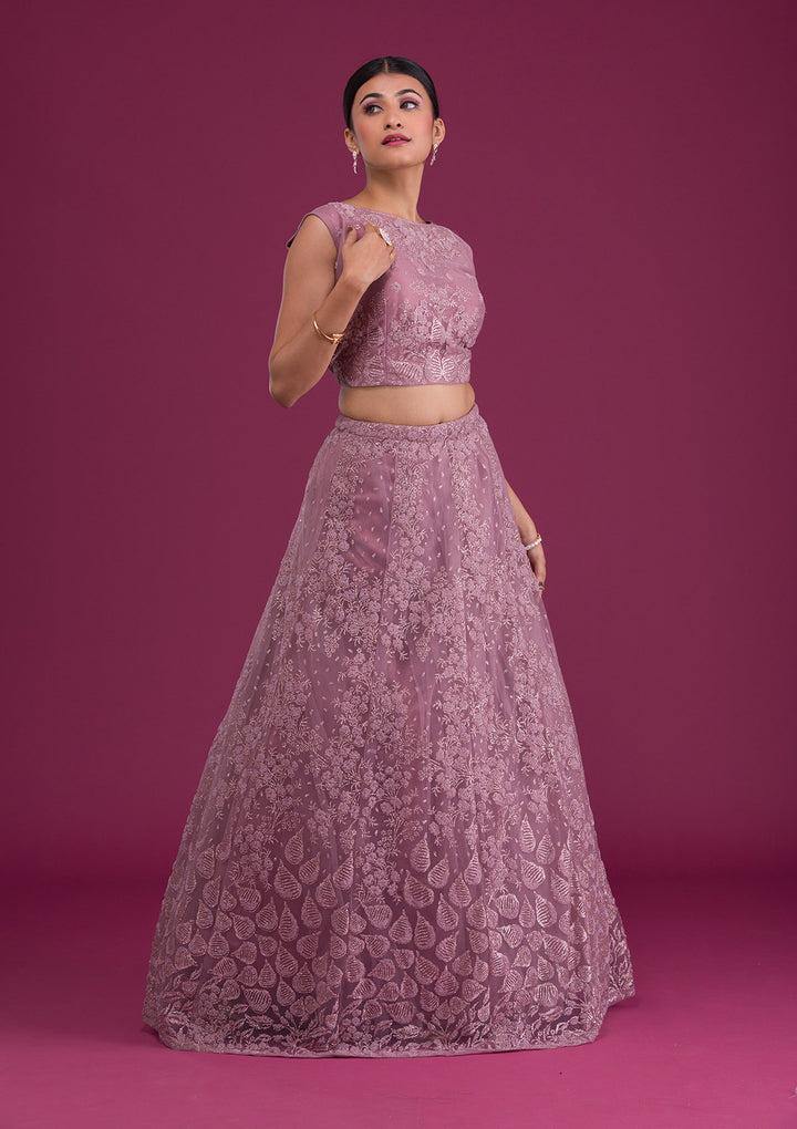 Lavender Cutdana Net Readymade Lehenga-Koskii