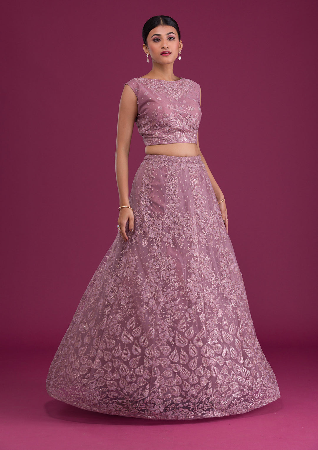 Lavender Cutdana Net Readymade Lehenga-Koskii