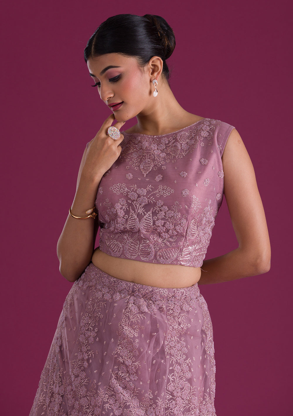 Lavender Cutdana Net Readymade Lehenga-Koskii