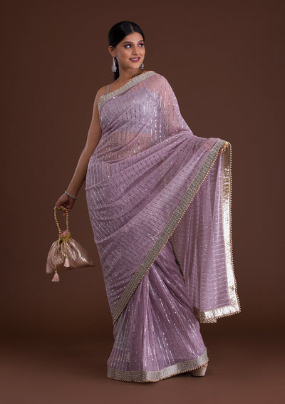 Lavender Mirrorwork Net Saree-Koskii