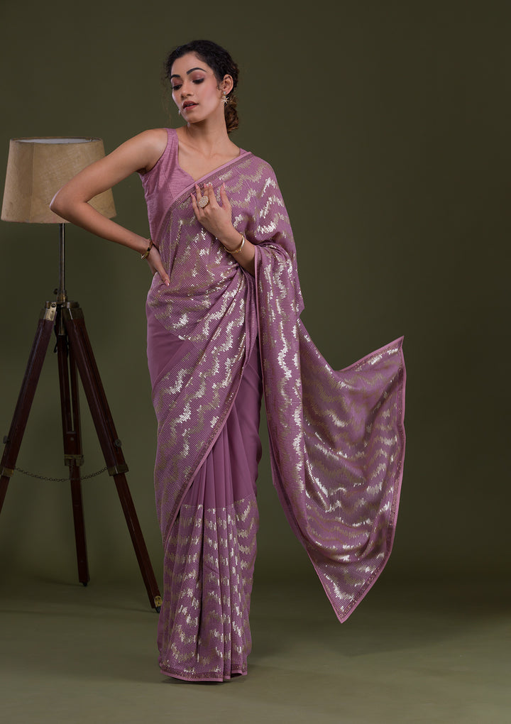 Lavender Sequins Georgette Saree-Koskii