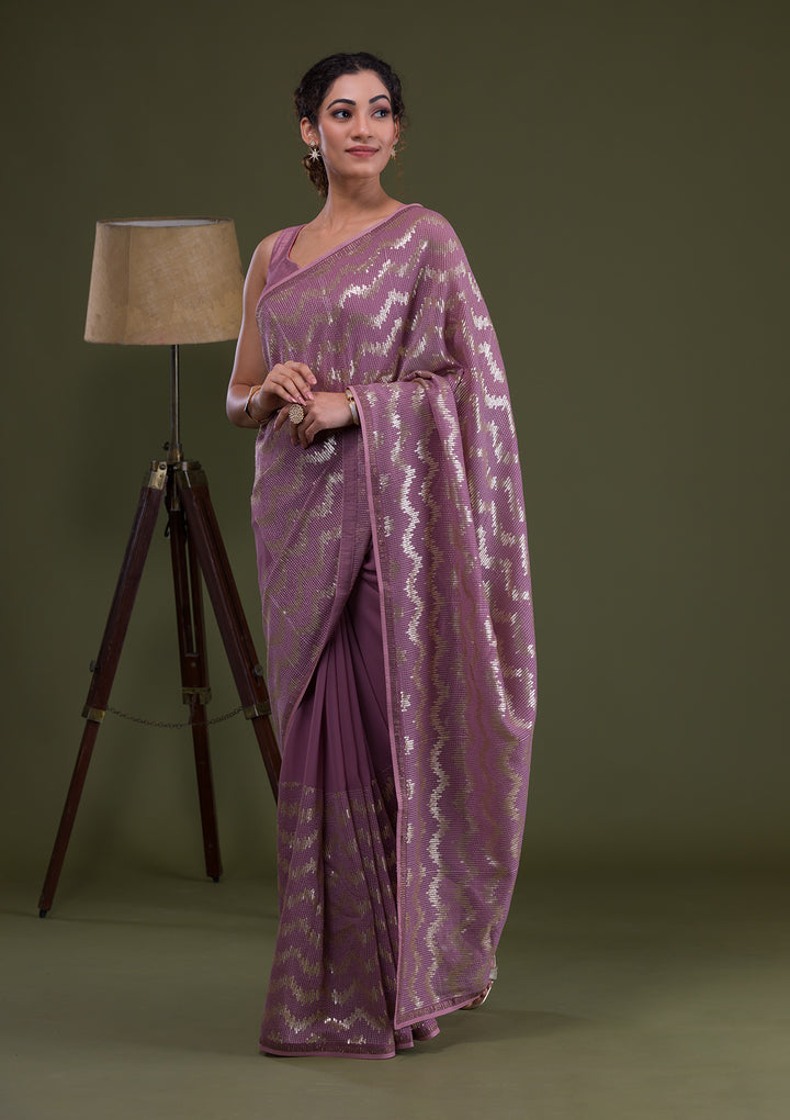 Lavender Sequins Georgette Saree-Koskii
