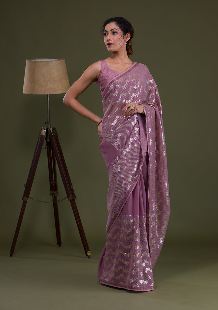 Lavender Sequins Georgette Saree-Koskii
