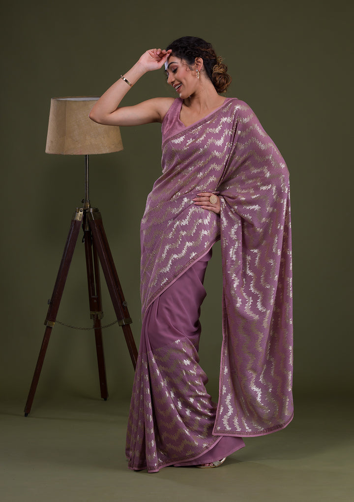 Lavender Sequins Georgette Saree-Koskii