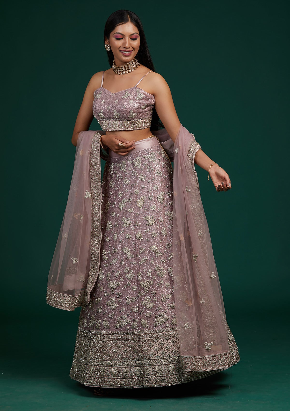 Lavender Silver Stonework Net Designer Lehenga-Koskii
