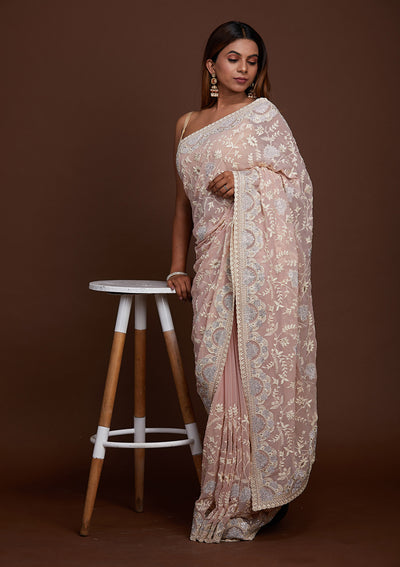 Lavender Silver Stonework Net Saree-Koskii
