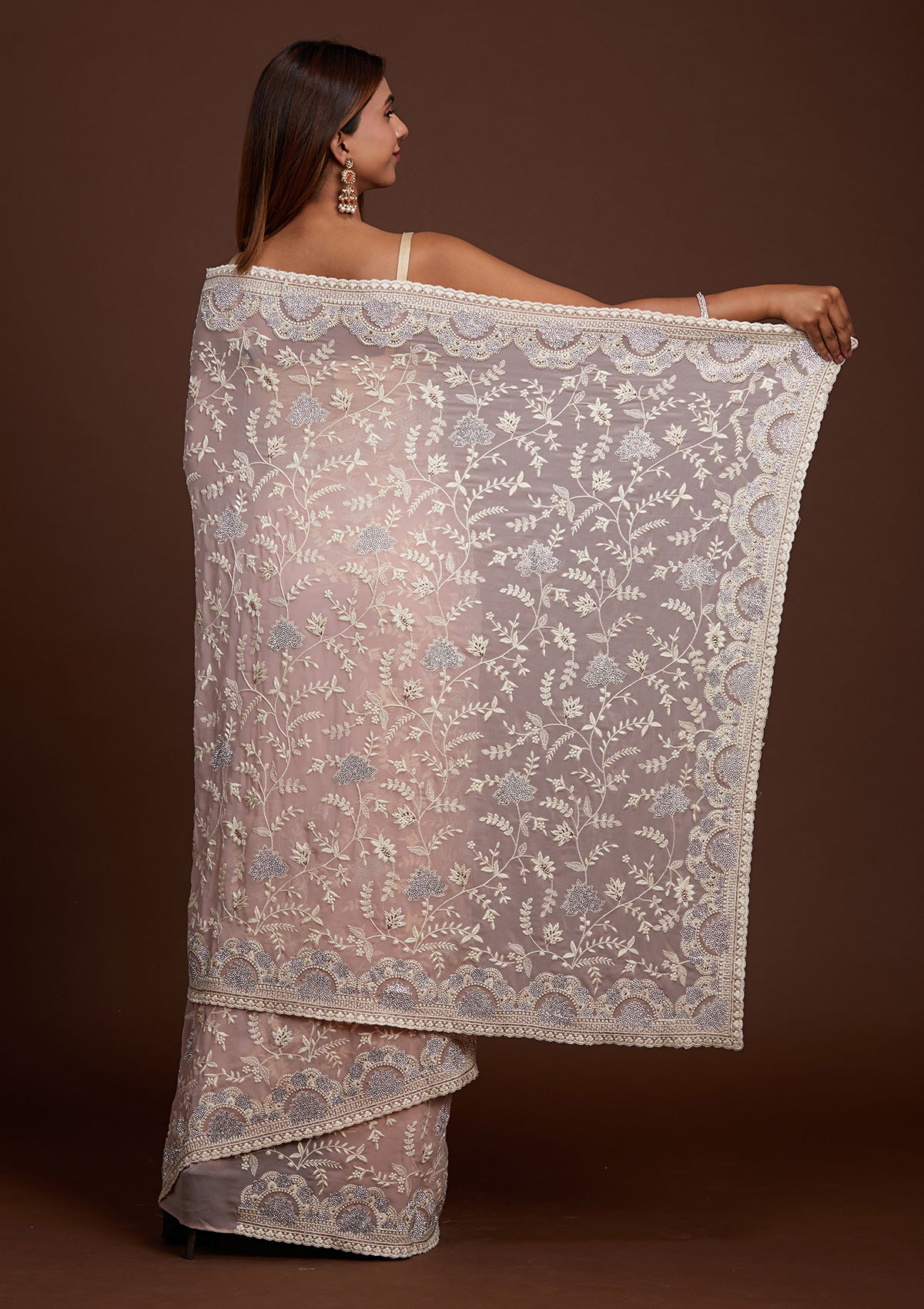 Lavender Silver Stonework Net Saree-Koskii