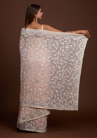 Lavender Silver Stonework Net Saree-Koskii