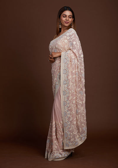 Lavender Silver Stonework Net Saree-Koskii