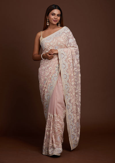 Lavender Silver Stonework Net Saree-Koskii