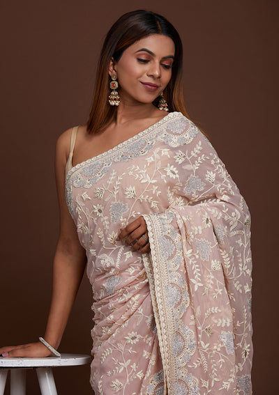 Lavender Silver Stonework Net Saree-Koskii