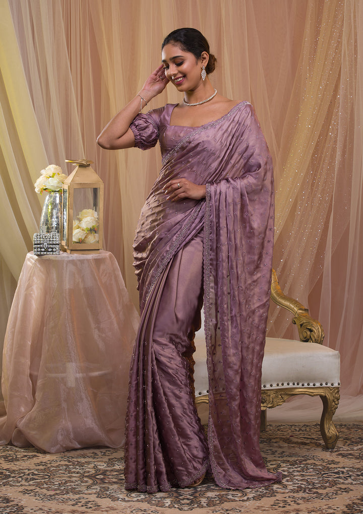 Lavender Silver Stonework Crepe Saree-Koskii