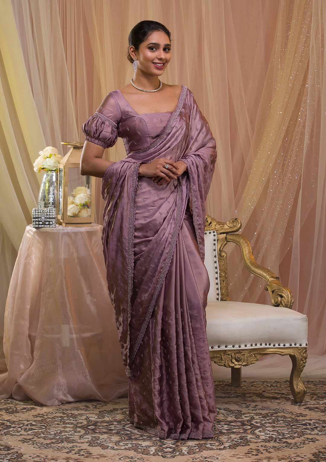 Lavender Silver Stonework Crepe Saree-Koskii