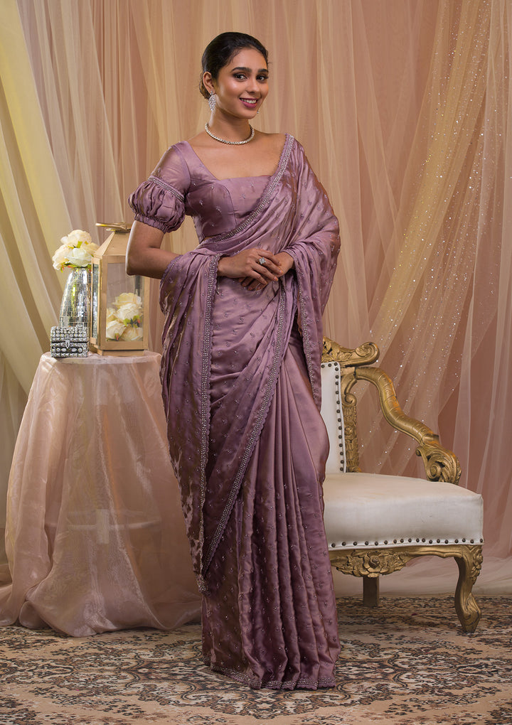 Lavender Silver Stonework Crepe Saree-Koskii