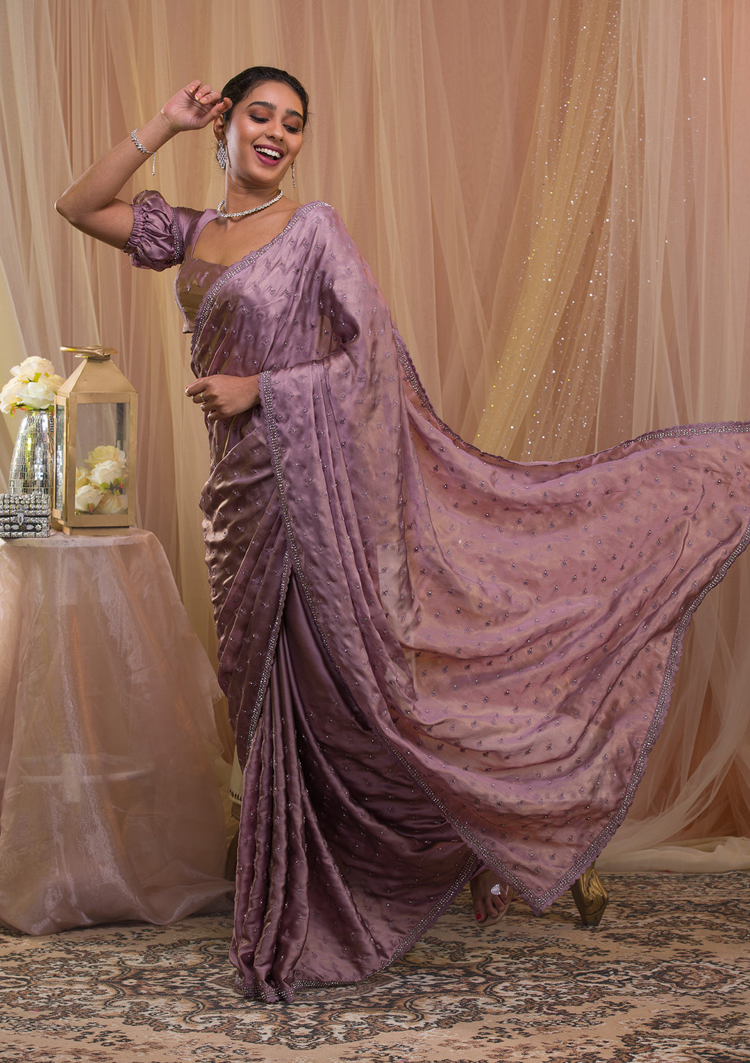 Lavender Silver Stonework Crepe Saree-Koskii