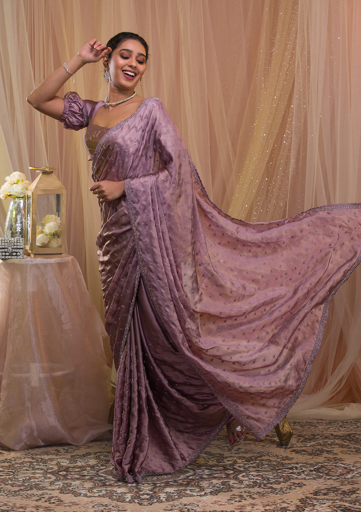 Lavender Silver Stonework Crepe Saree-Koskii