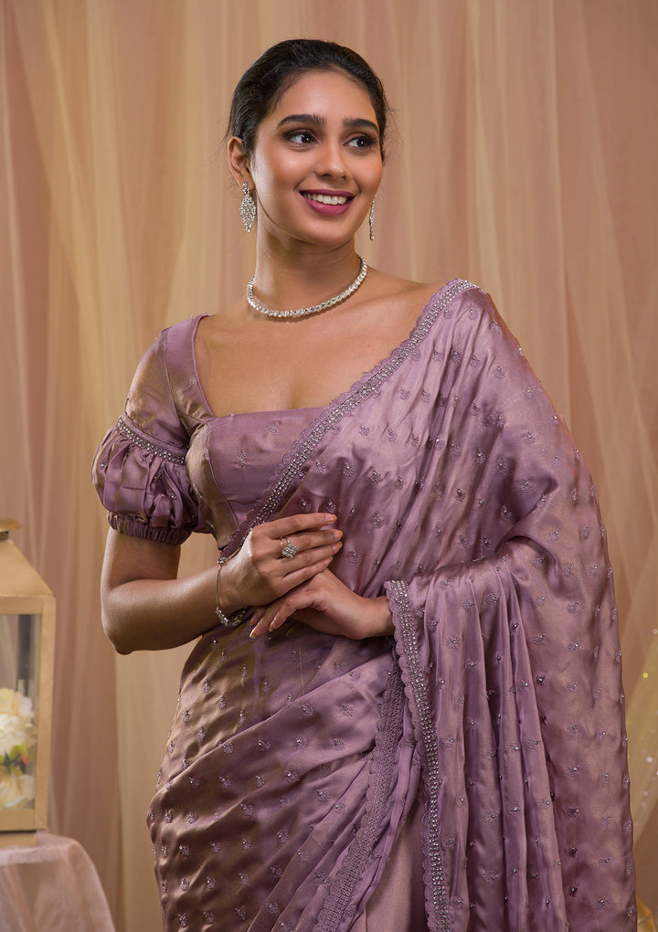 Lavender Silver Stonework Crepe Saree-Koskii