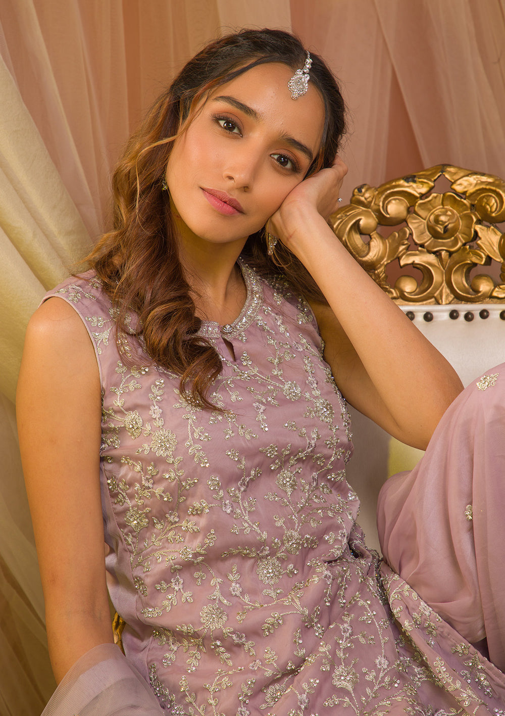 Lavender Stonework Tissue Readymade Salwar Suit-Koskii