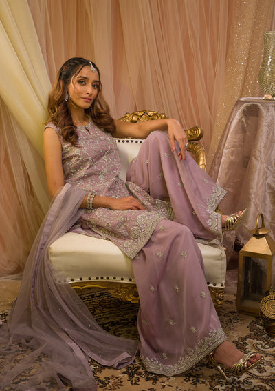 Lavender Stonework Tissue Readymade Salwar Suit-Koskii