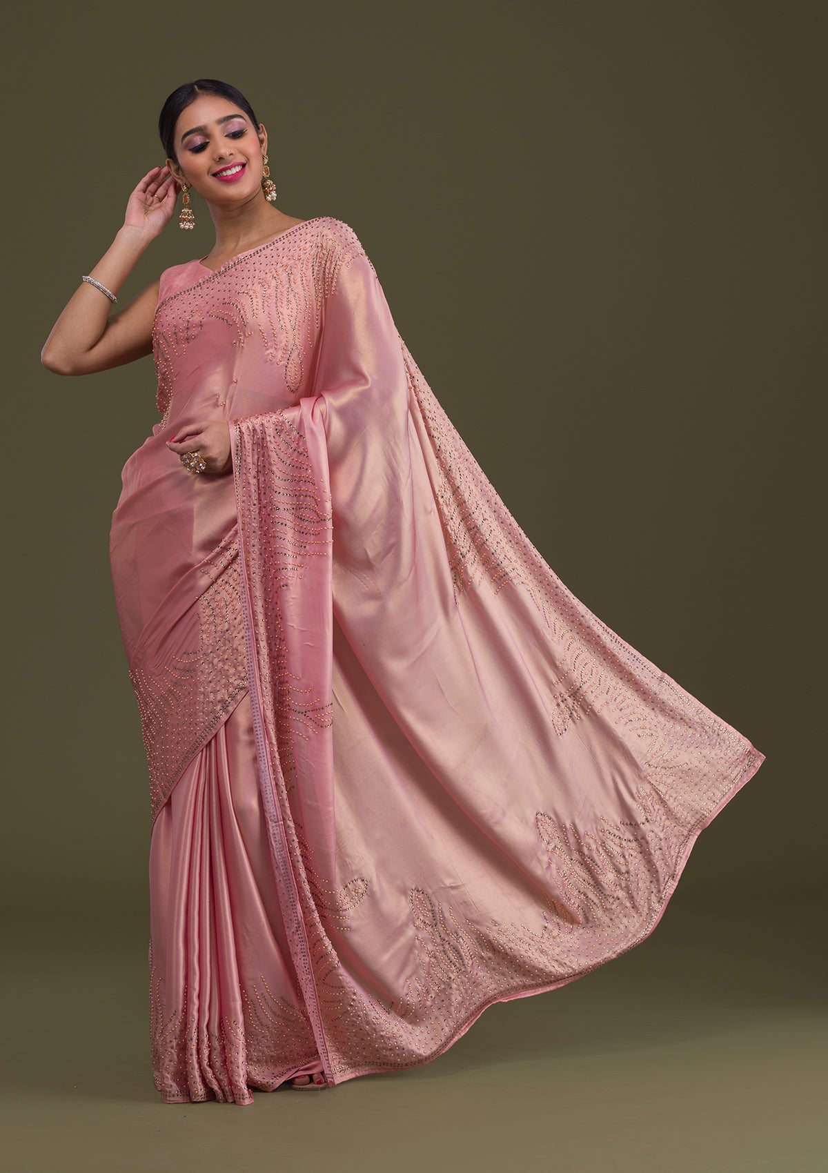 Onion Pink Stonework Satin Saree-Koskii