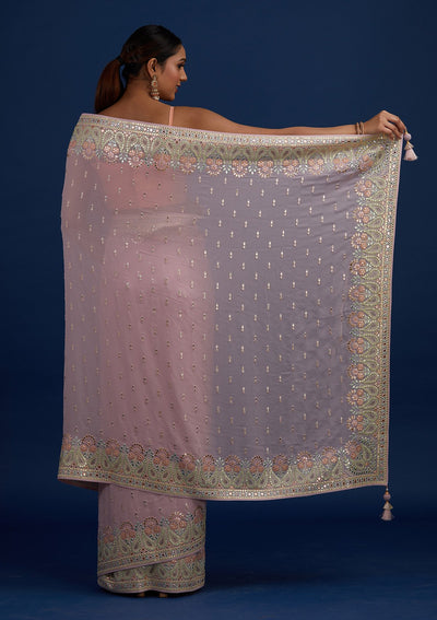 Lavender Threadwork Georgette Designer Saree - Koskii