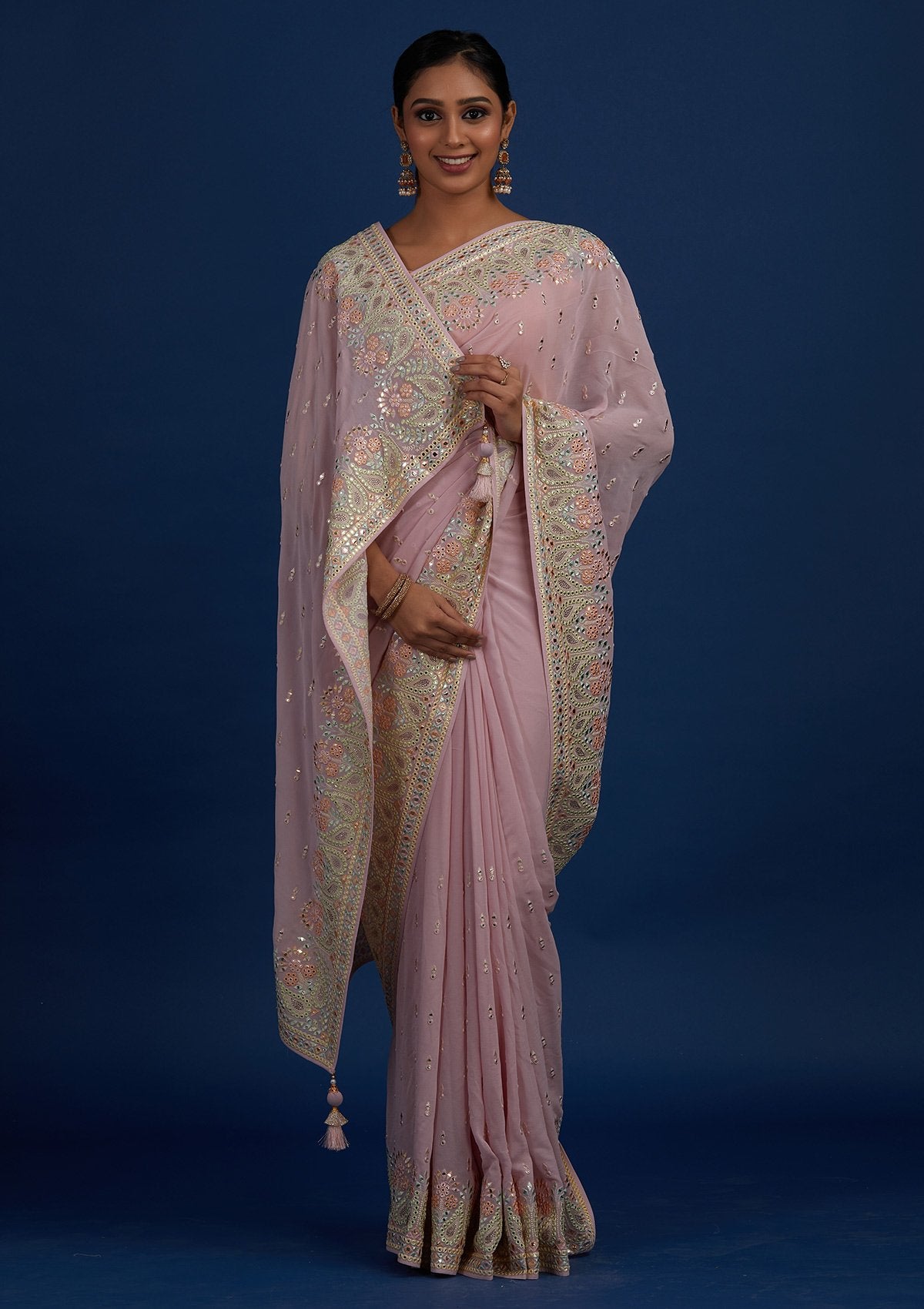 Lavender Threadwork Georgette Designer Saree - Koskii