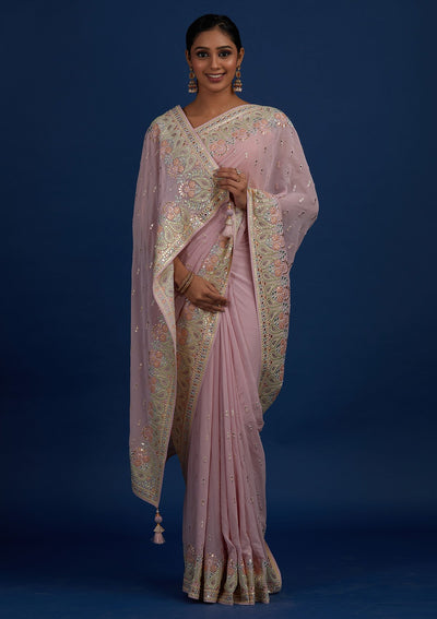 Lavender Threadwork Georgette Designer Saree - Koskii