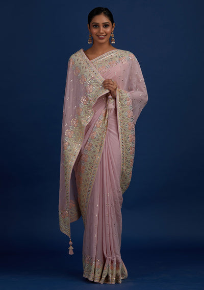 Lavender Threadwork Georgette Designer Saree - Koskii