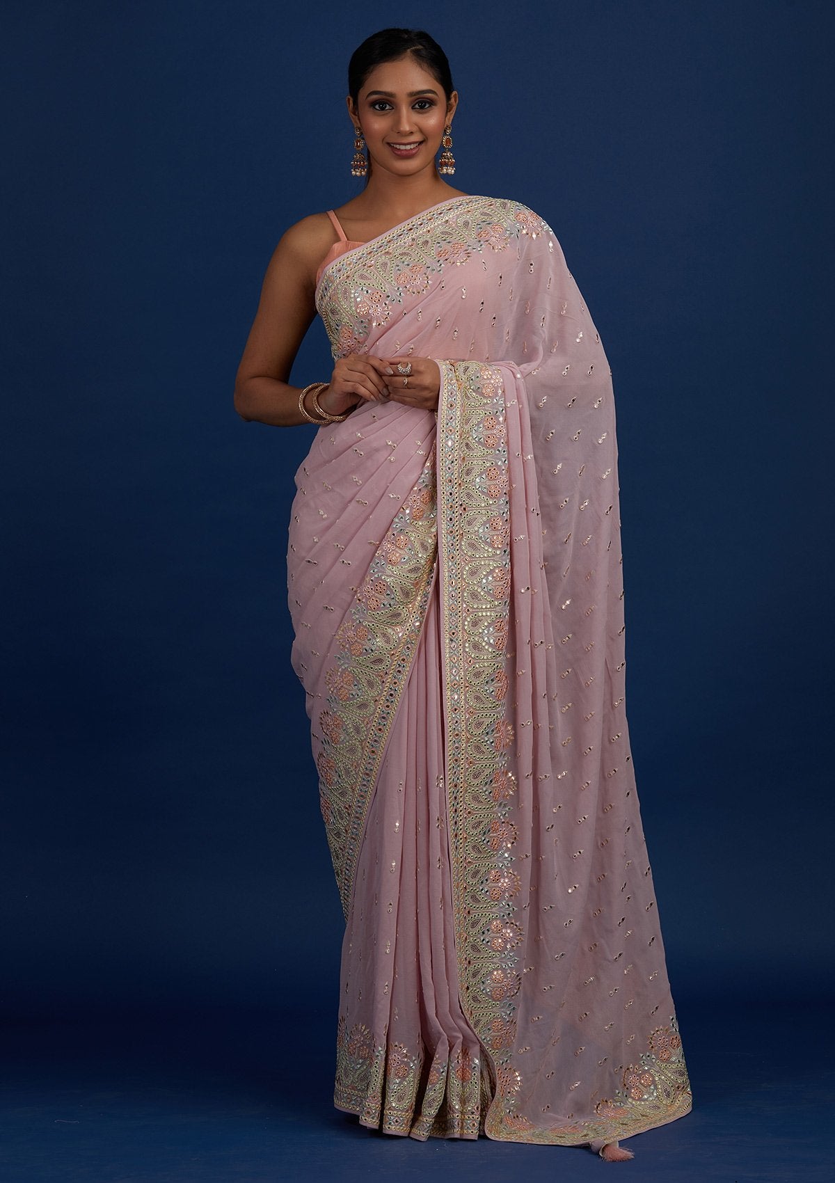 Lavender Threadwork Georgette Designer Saree - Koskii