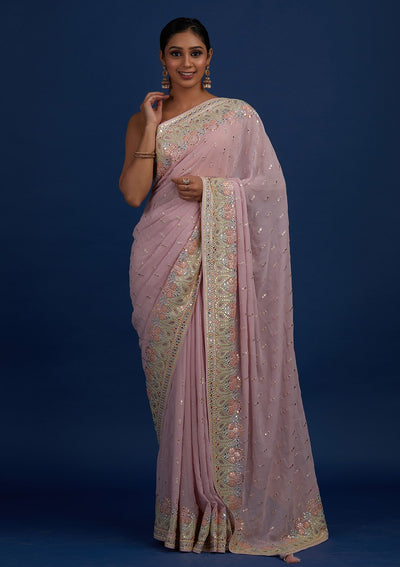 Lavender Threadwork Georgette Designer Saree - Koskii