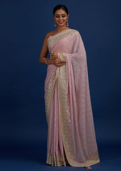 Lavender Threadwork Georgette Designer Saree - Koskii
