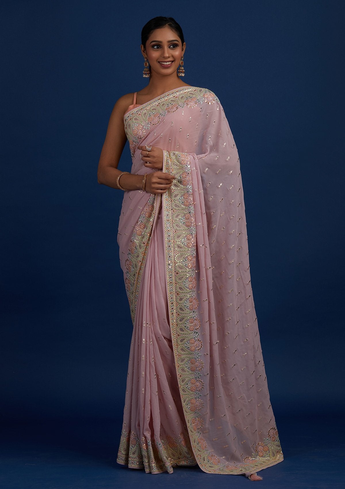 Lavender Threadwork Georgette Designer Saree - Koskii