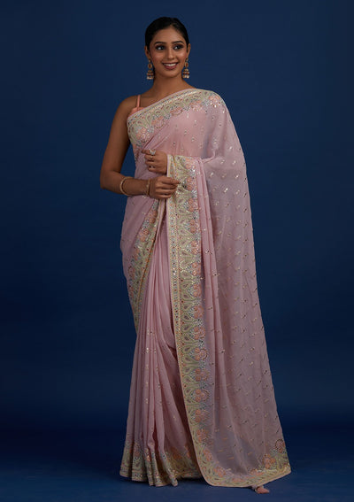 Lavender Threadwork Georgette Designer Saree - Koskii