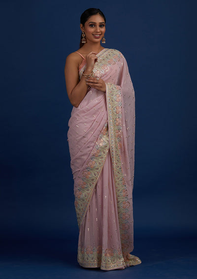 Lavender Threadwork Georgette Designer Saree - Koskii