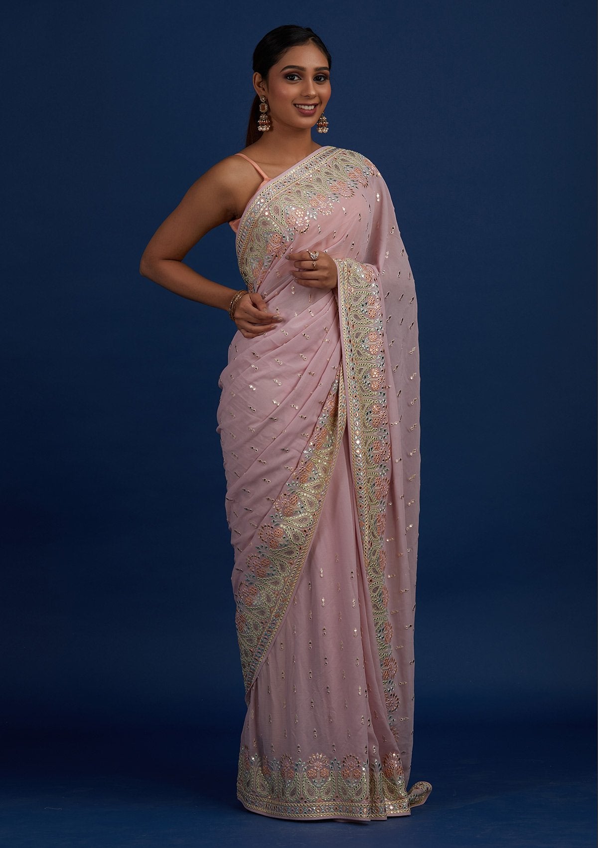 Lavender Threadwork Georgette Designer Saree - Koskii