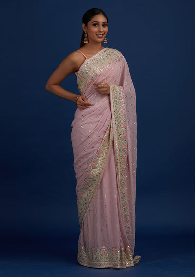 Lavender Threadwork Georgette Designer Saree - Koskii