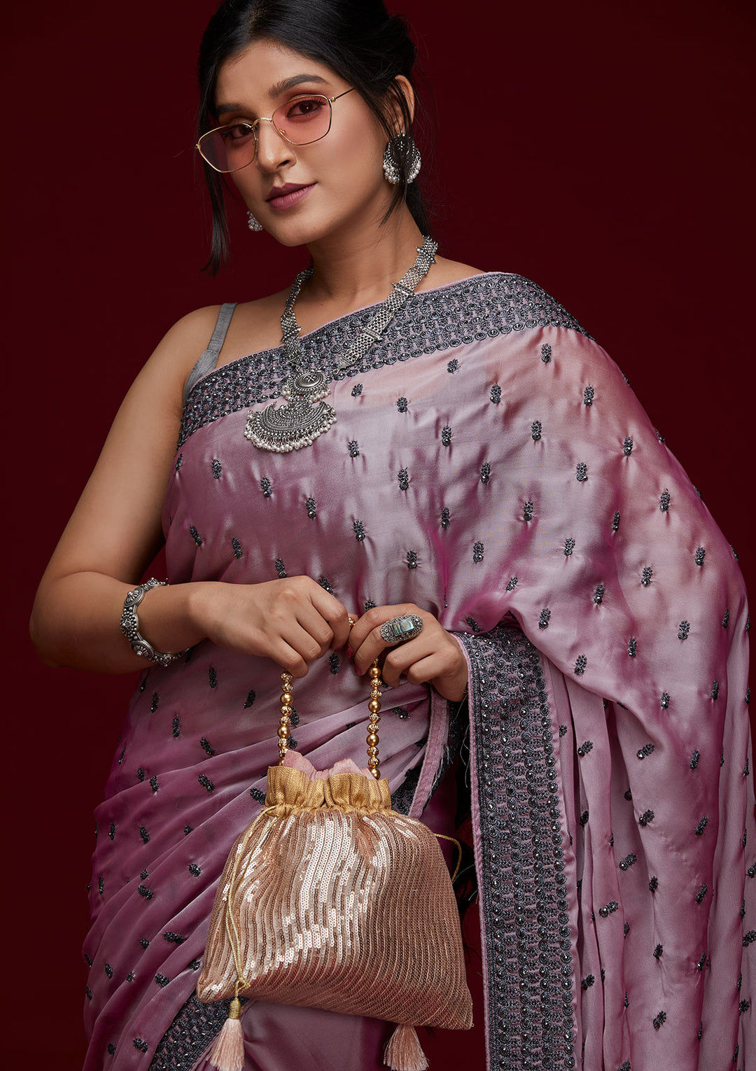 Lavender Threadwork Georgette Saree - Koskii
