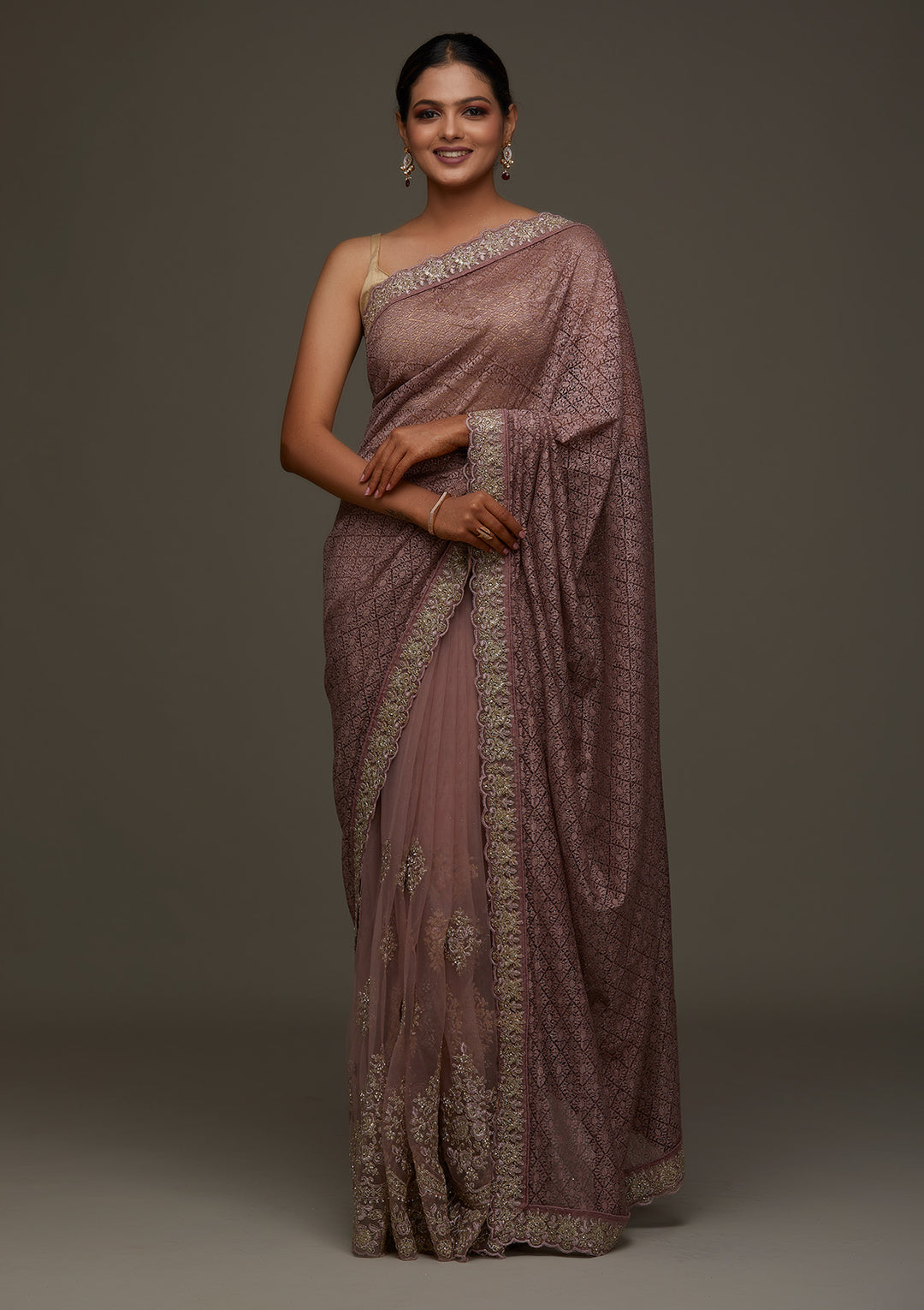 Lavender Threadwork Net Designer Saree- Koskii