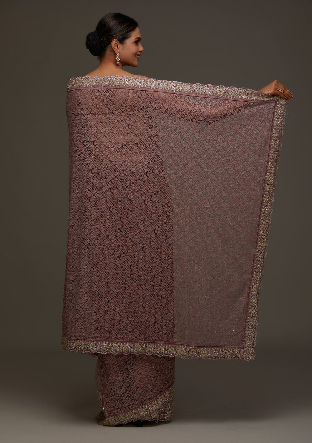 Lavender Threadwork Net Designer Saree - Koskii