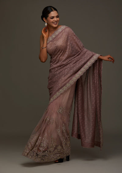 Lavender Threadwork Net Designer Saree - Koskii