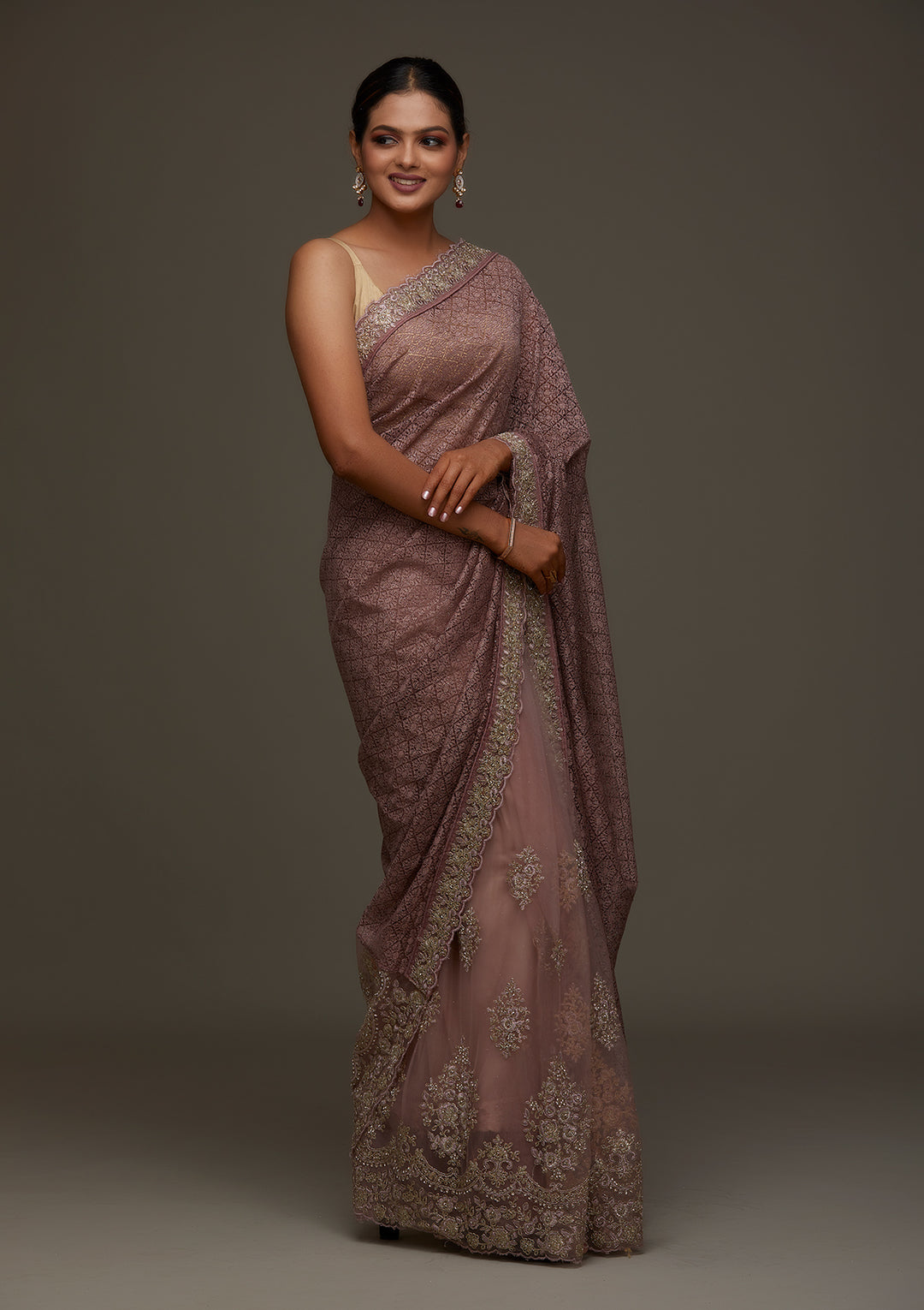 Lavender Threadwork Net Designer Saree - Koskii