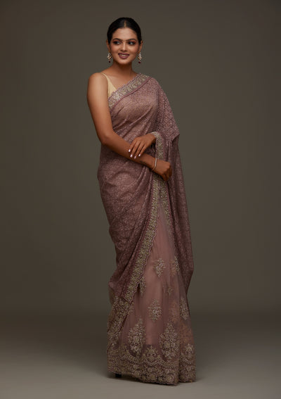 Lavender Threadwork Net Designer Saree - Koskii