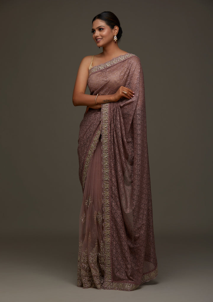 Lavender Threadwork Net Designer Saree - Koskii