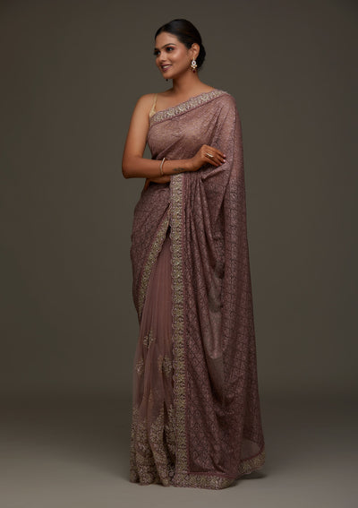 Lavender Threadwork Net Designer Saree - Koskii