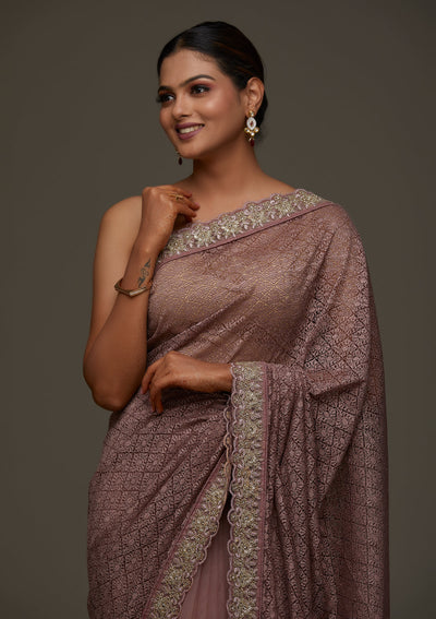 Lavender Threadwork Net Designer Saree - Koskii