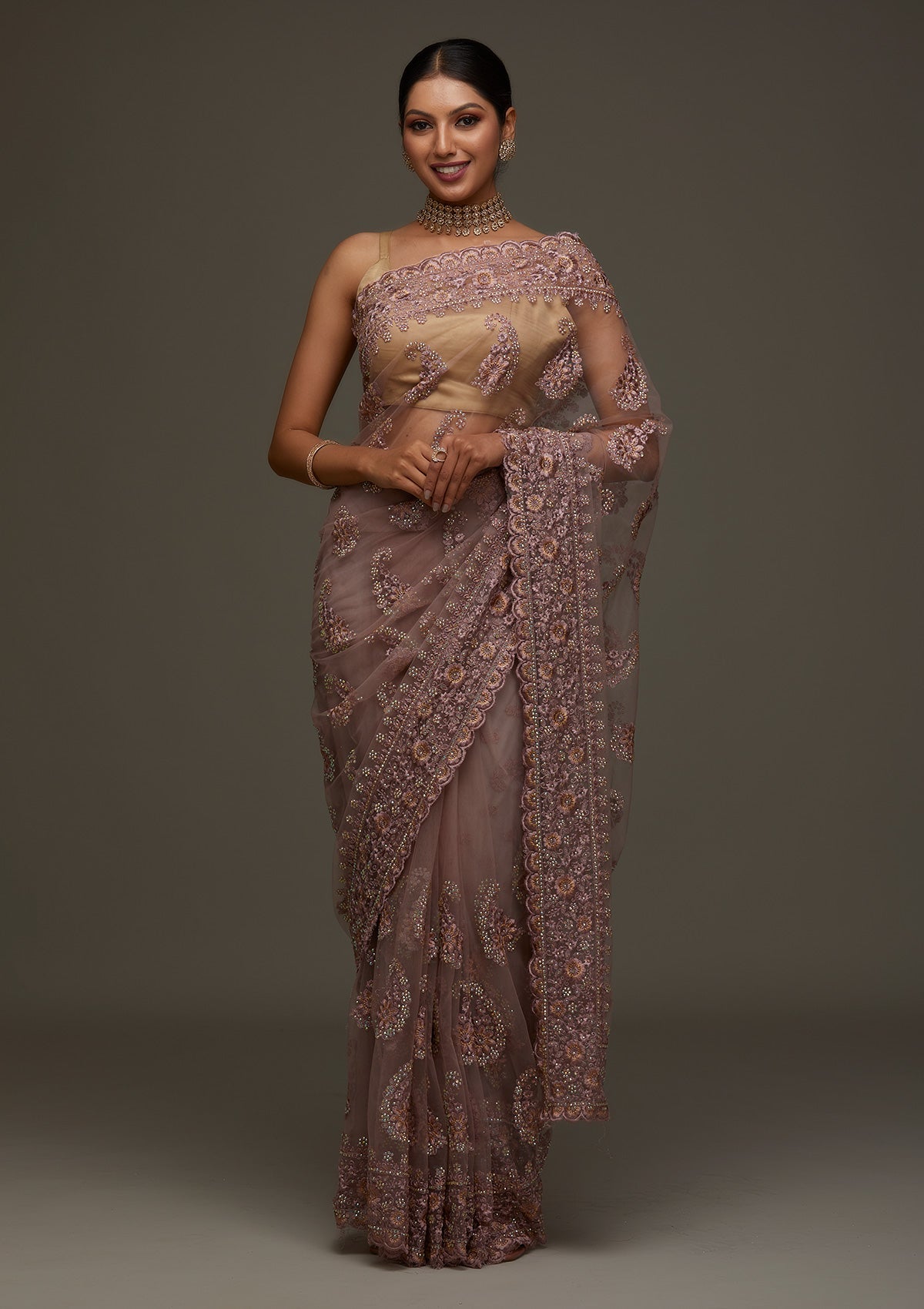 Lavender Threadwork Net Designer Saree- Koskii