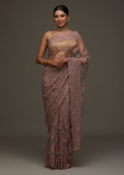 Lavender Threadwork Net Designer Saree- Koskii