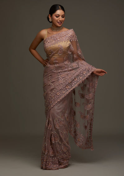 Lavender Threadwork Net Designer Saree - Koskii