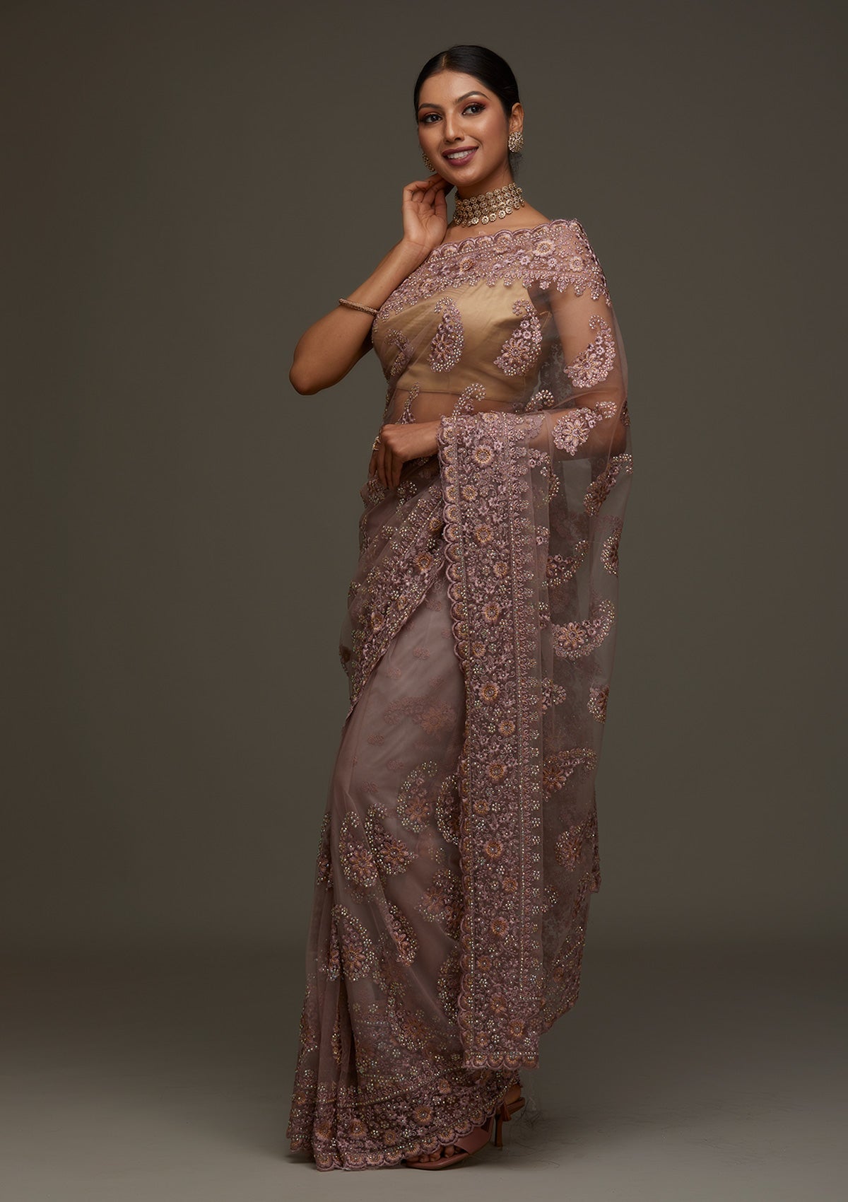 Lavender Threadwork Net Designer Saree - Koskii