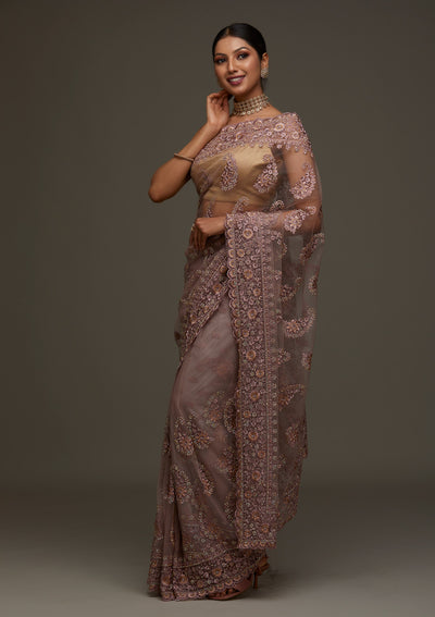 Lavender Threadwork Net Designer Saree - Koskii